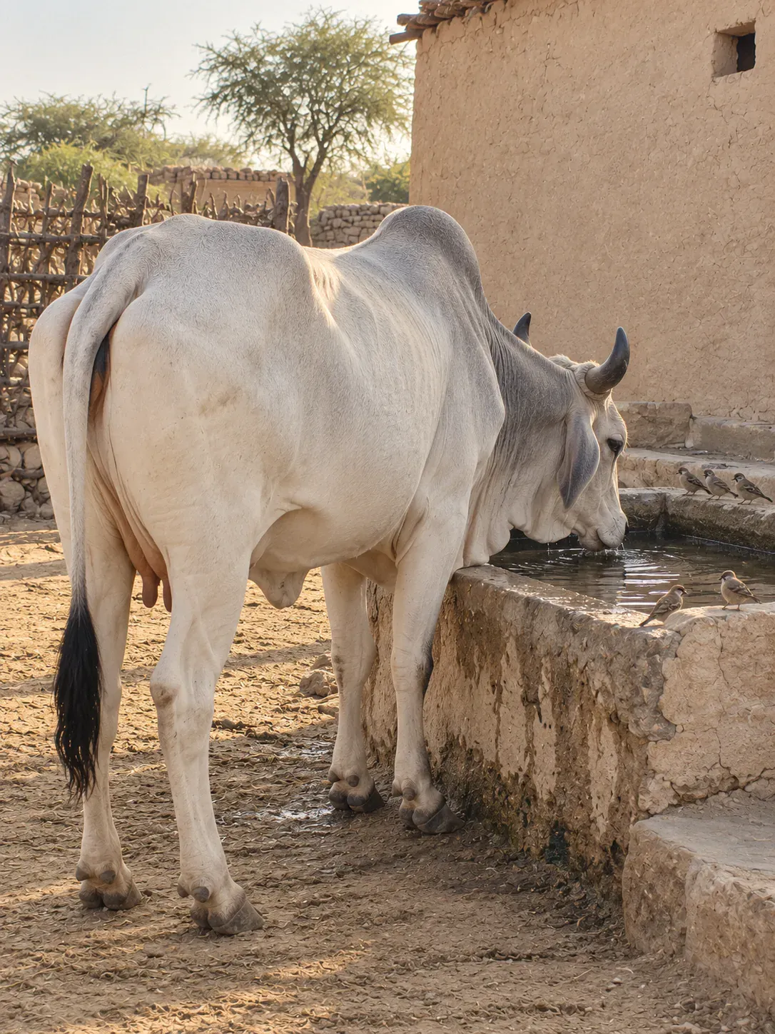 Illustration: a Tharparkar cow drinking at a stone trough, sparrows on the rim