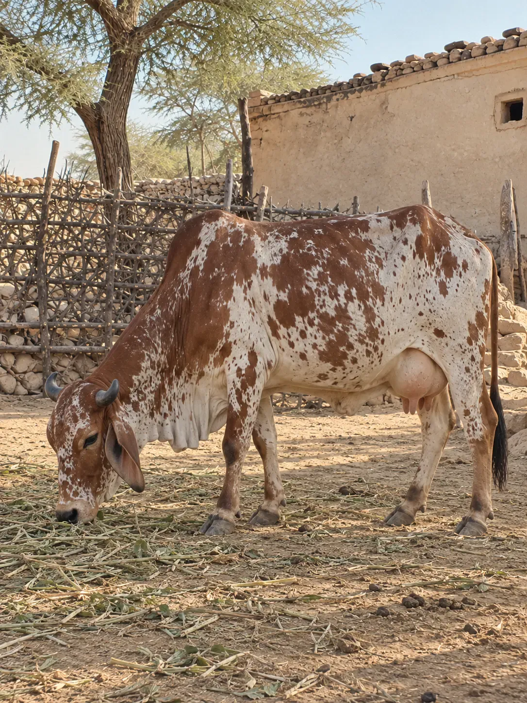 Illustration: a Rathi cow grazing beside a thorn fence