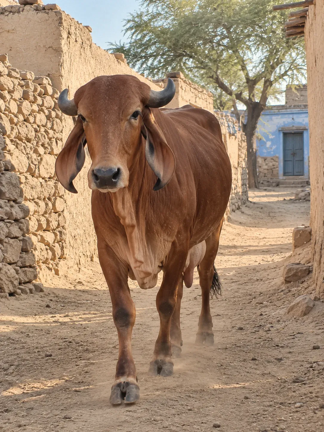 Illustration: a Red Sindhi cow walking down a village lane