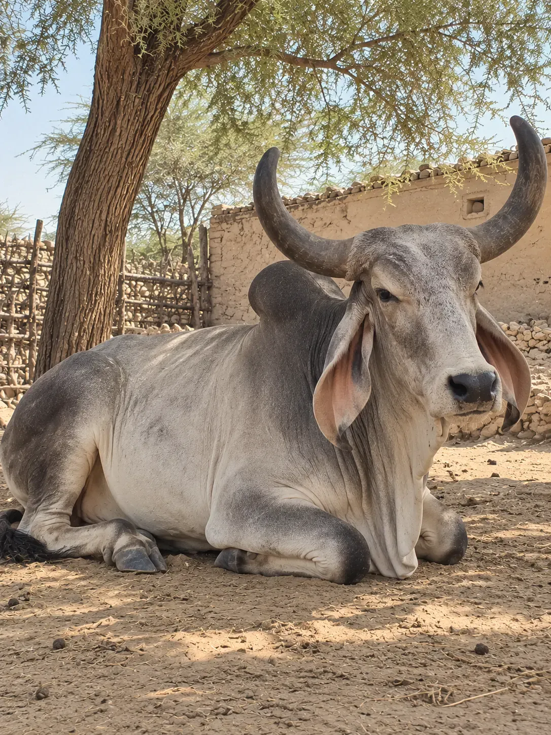 Illustration: a Kankrej cow lying under a khejri tree, chewing the cud