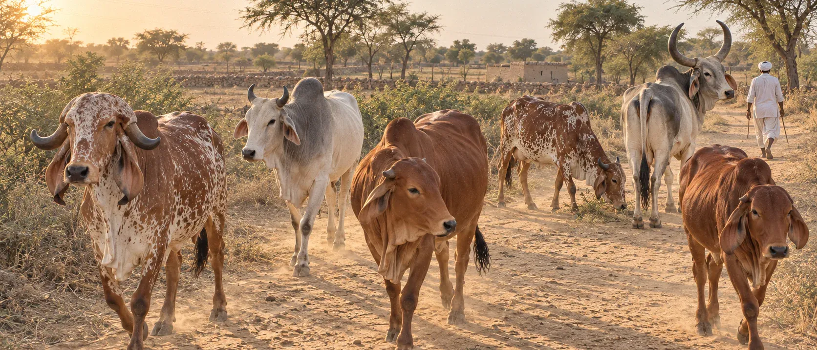 Illustration: six indigenous cows of six breeds walking out to graze at sunrise, a farmer far behind