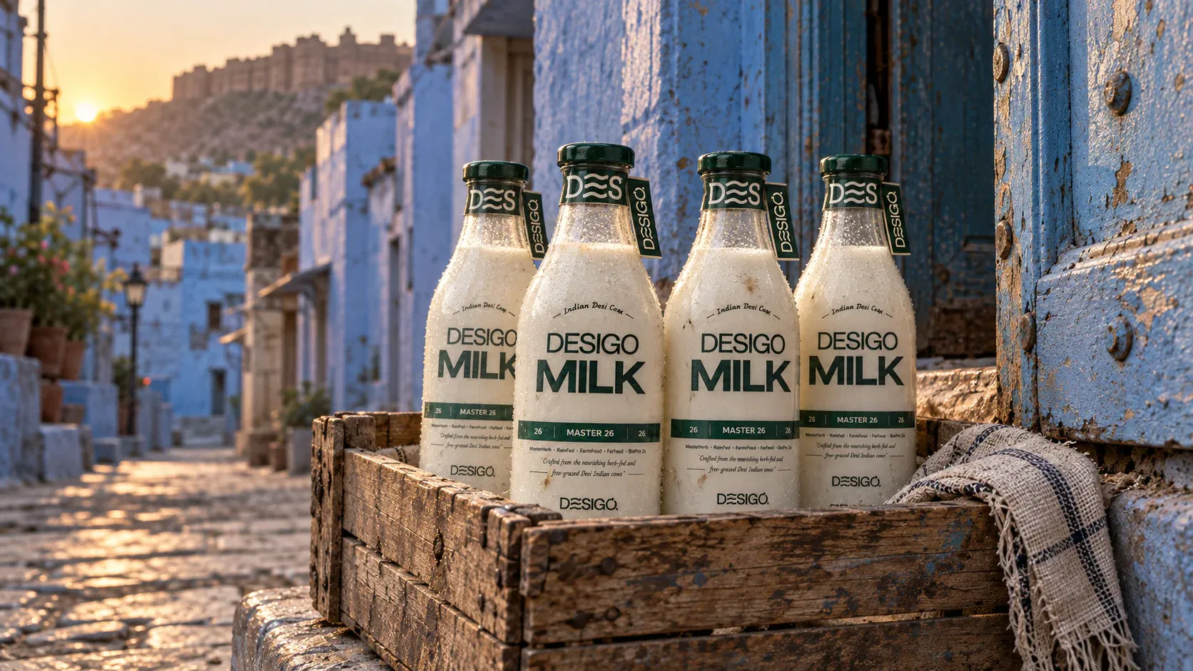 Illustration: DESIGO® milk bottles in a wooden crate on a blue doorstep in Jodhpur at dawn