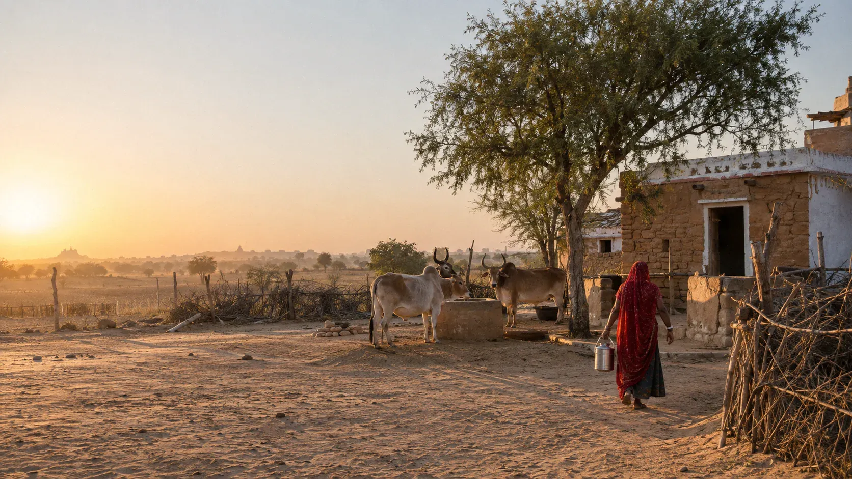 Illustration: a small homestead in western Rajasthan at first light, a woman in a red chunari carrying a steel pail past the cows