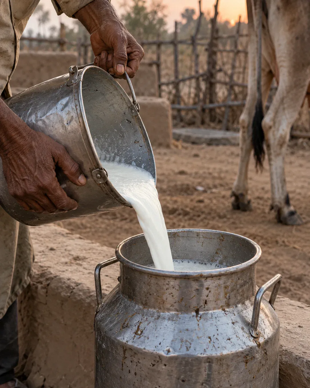 Illustration: a farmer's hands tipping fresh milk from a steel pail into a steel can