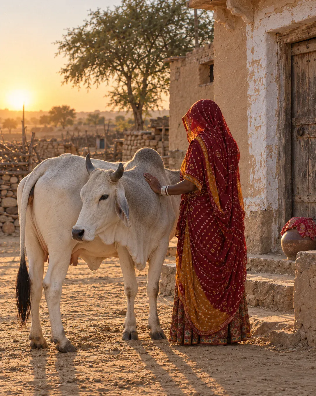 Illustration: a village woman in a bandhani chunari resting a hand on a Tharparkar cow's neck at sunrise