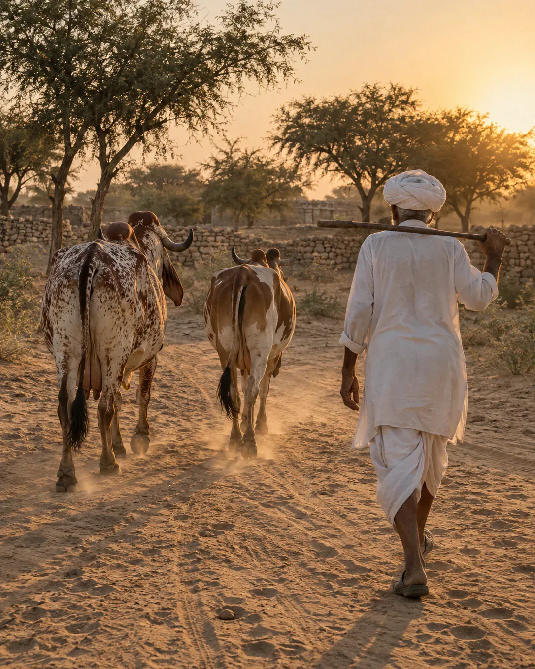 Illustration: an elderly farmer in a white turban walking two cows along a sandy track at dawn