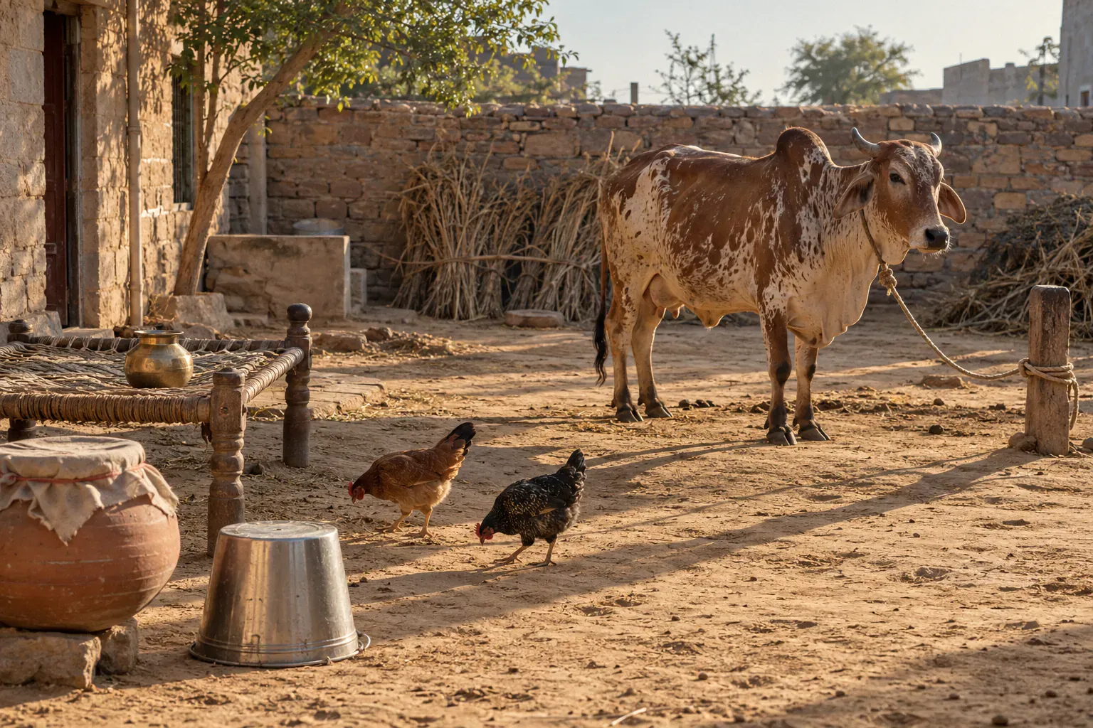Illustration: a small farm courtyard in the morning — a charpai, a clay pot, chickens and a Rathi cow