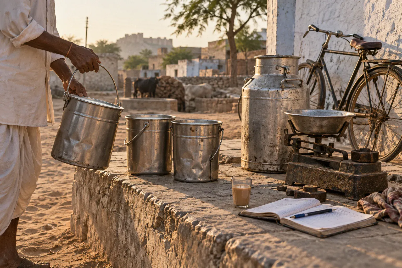 Illustration: steel pails, a can and a weighing scale on a stone ledge at a village collection point