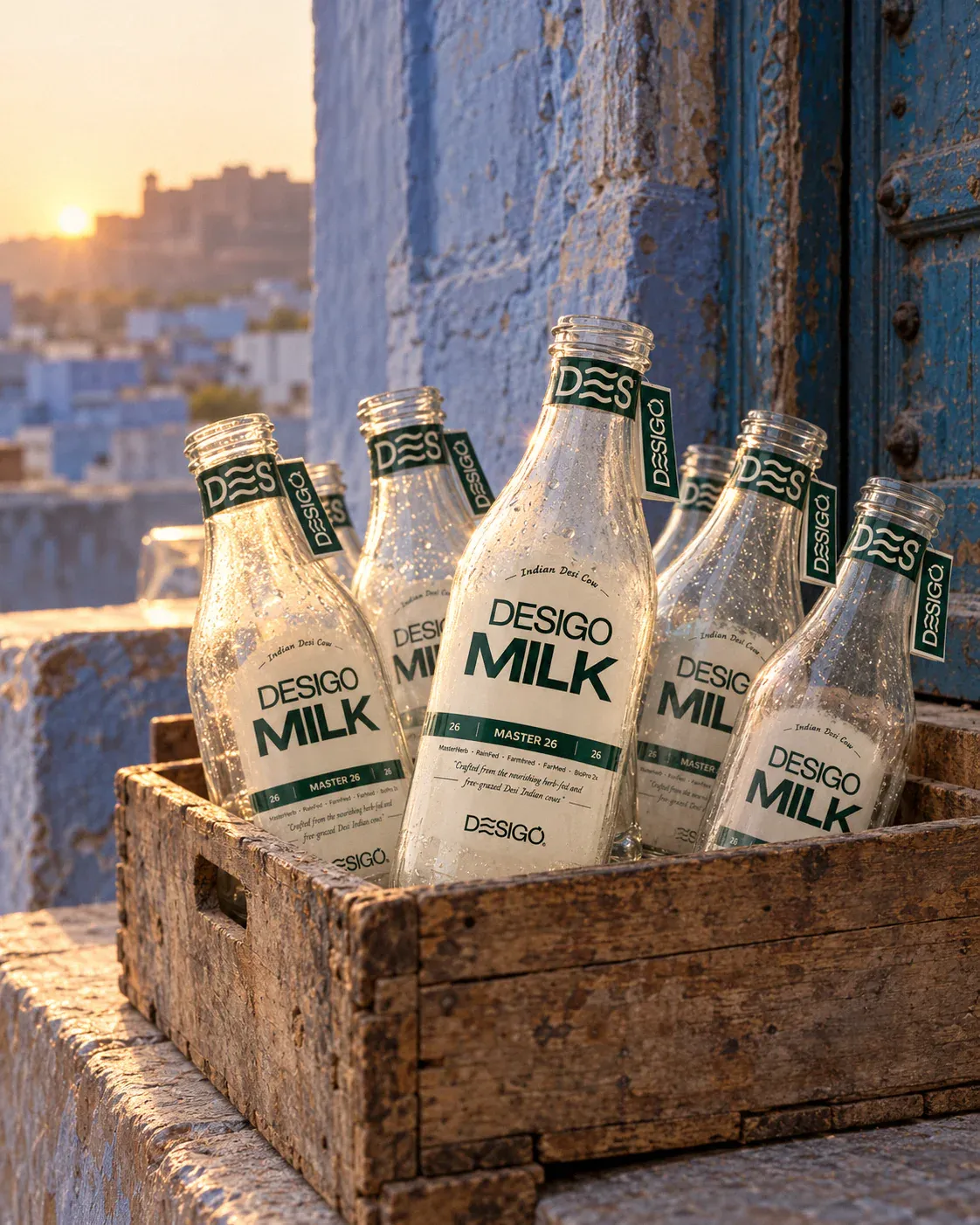 Illustration: empty DESIGO® glass bottles in a wooden crate on a doorstep, waiting to be collected