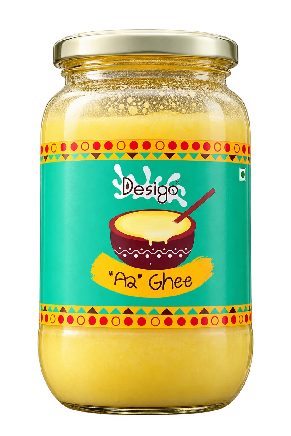 DESIGO® A2 bilona ghee in a glass jar with a teal folk-art label