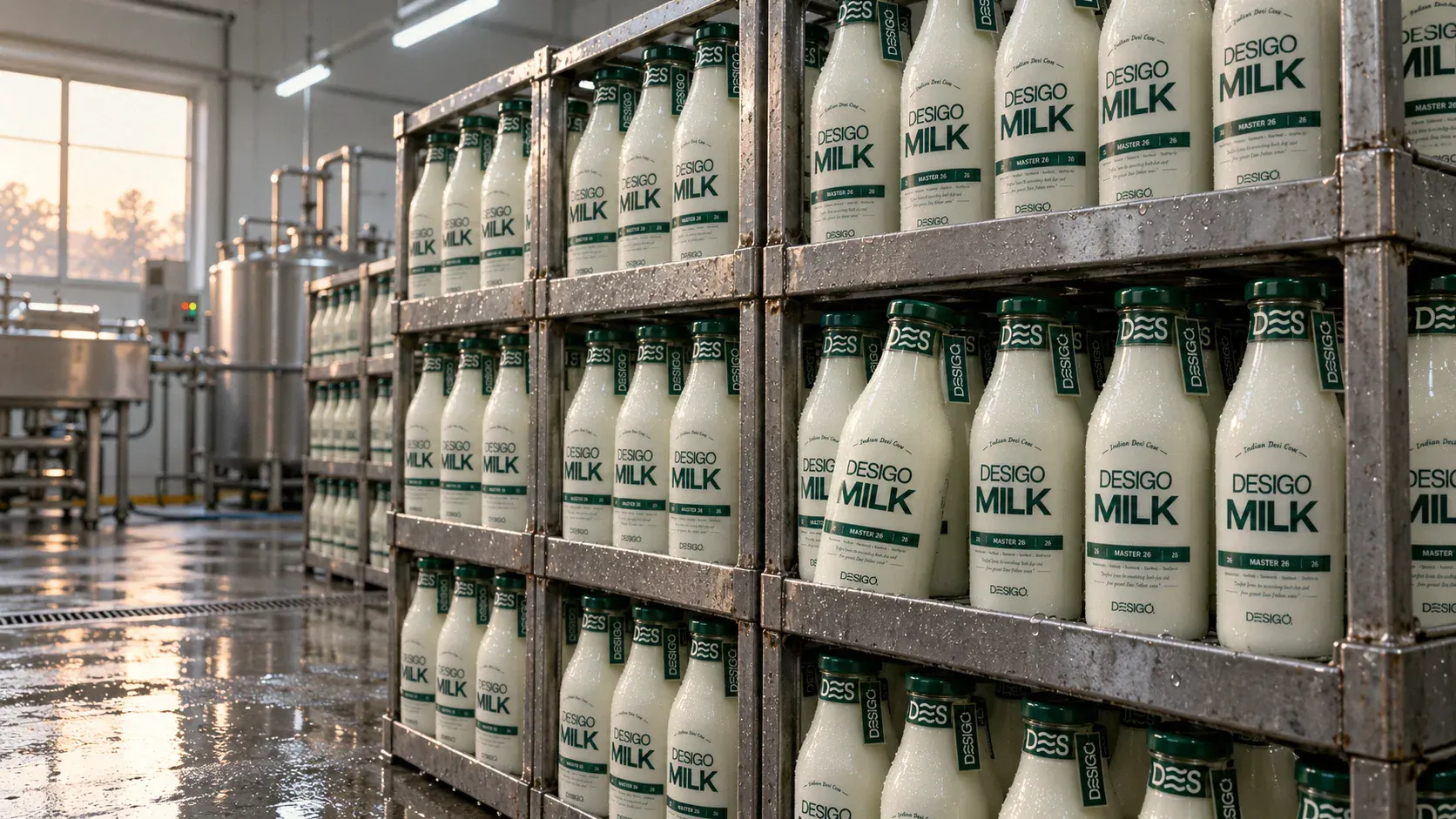 Illustration: a wall of filled DESIGO® glass bottles in steel crates at the plant
