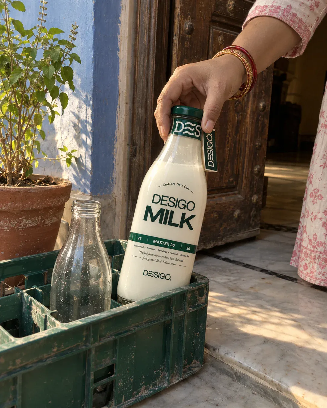 Illustration: a hand lifting a DESIGO® bottle from the crate at a member's door at dawn
