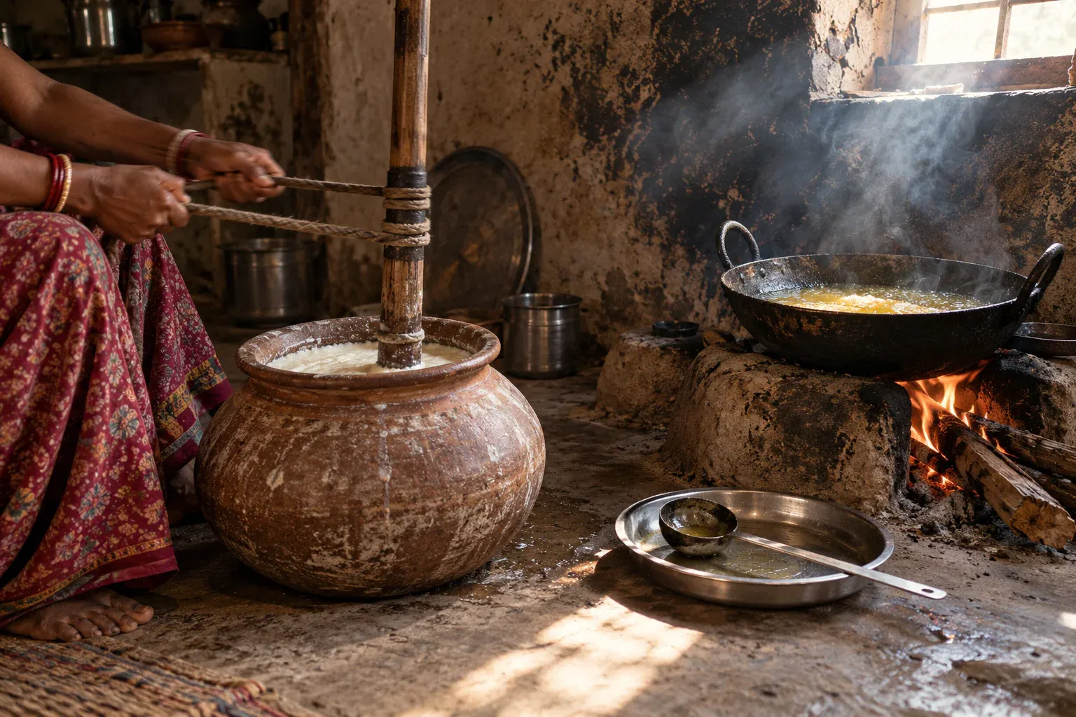 Illustration: bilona ghee being made — curd churned in a clay pot, ghee simmering on a chulha