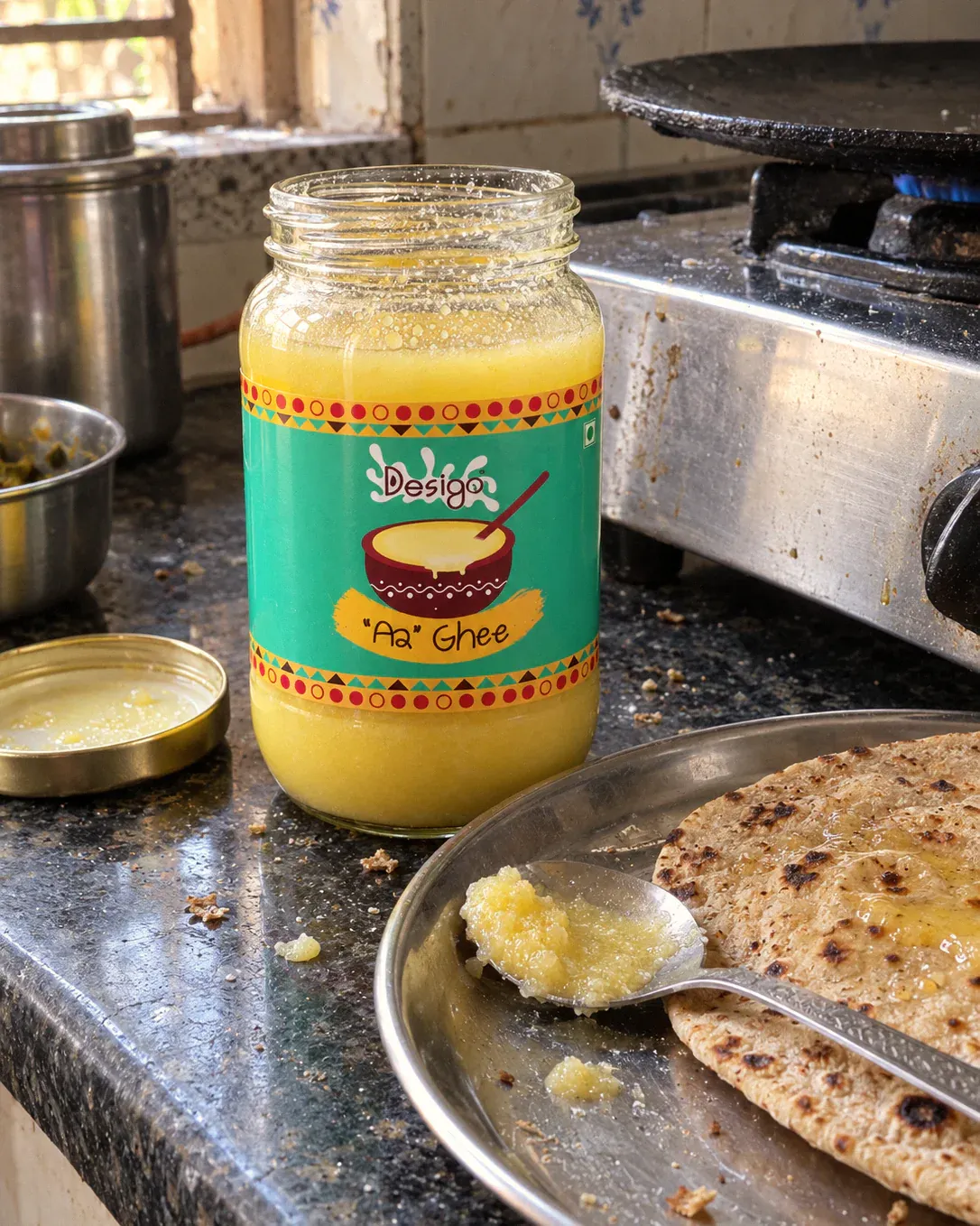 Illustration: an open jar of DESIGO® ghee with a spoon and a roti on a kitchen counter