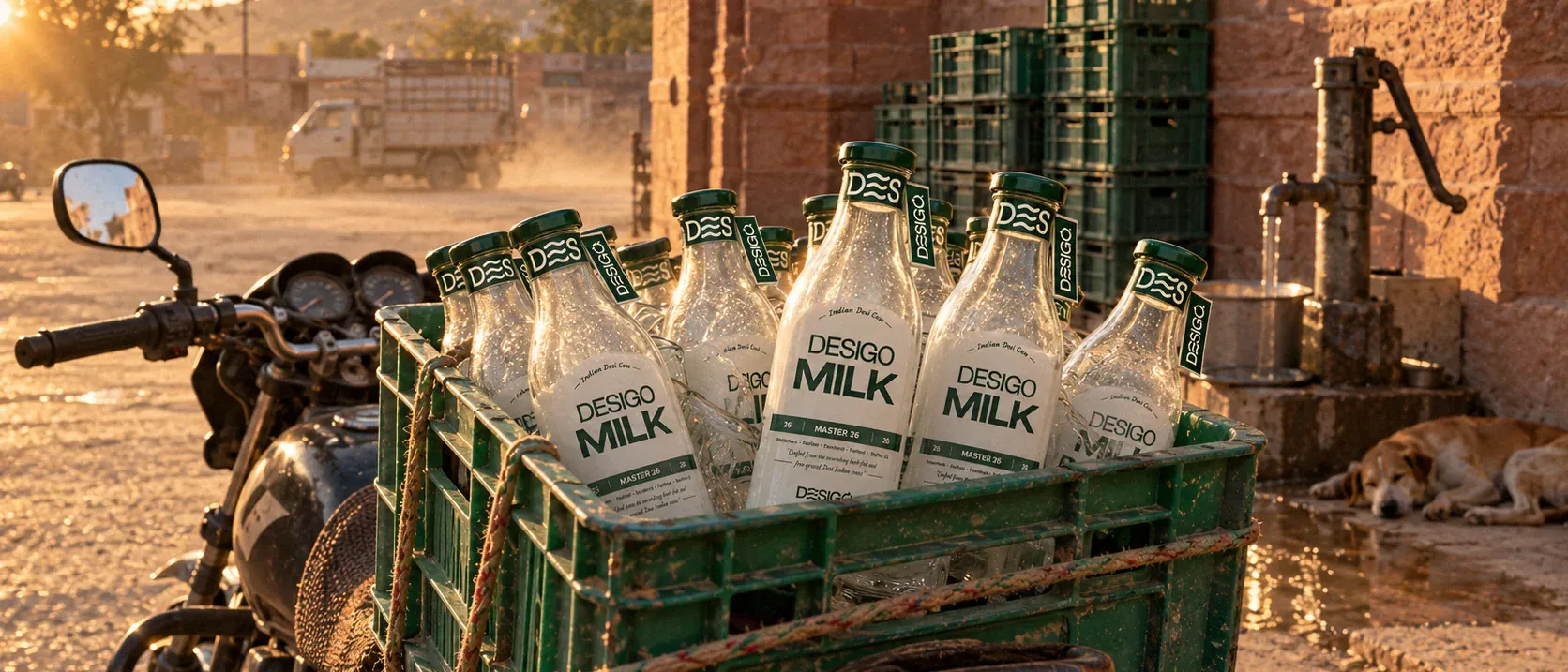 Illustration: a crate of empty, rinsed DESIGO® bottles on a motorcycle at sunset